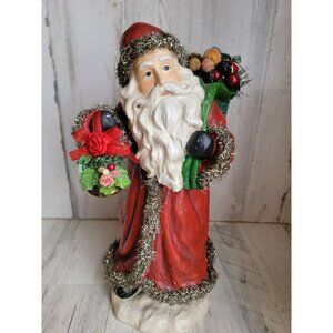 Vintage santa claus tinsel robe basket xmas decor Woodland sack toy